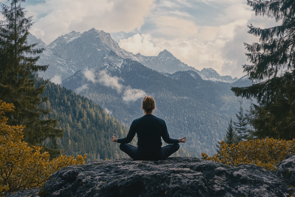 Egy csendes, nyugodt környezetben, egy személy meditál a természetben, körülötte zöld fák és hegyek. Az illető arca megnyugvást sugall, és a testtartása békés. A kép arra utal, hogy a kiégés jelei leküzdhetők a megfelelő stresszkezelési technikákkal.