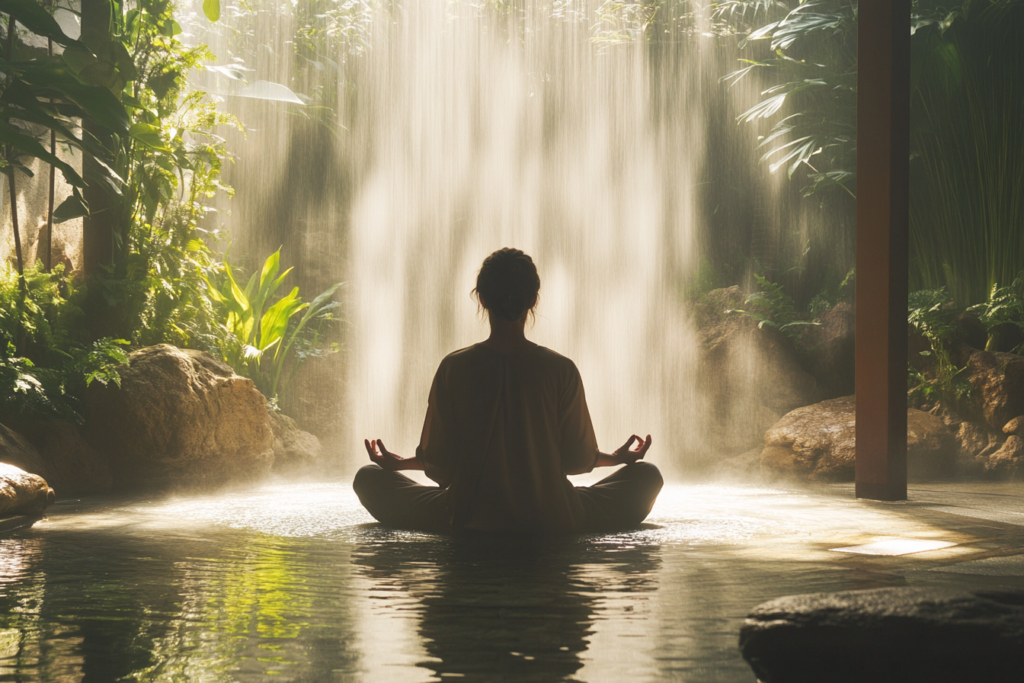 Egy relaxáló ember meditál egy nyugodt, természetes környezetben, bemutatva a stresszkezelés lehetőségeit, amelyek segítenek a kiégés fizikai tünetei enyhítésében.